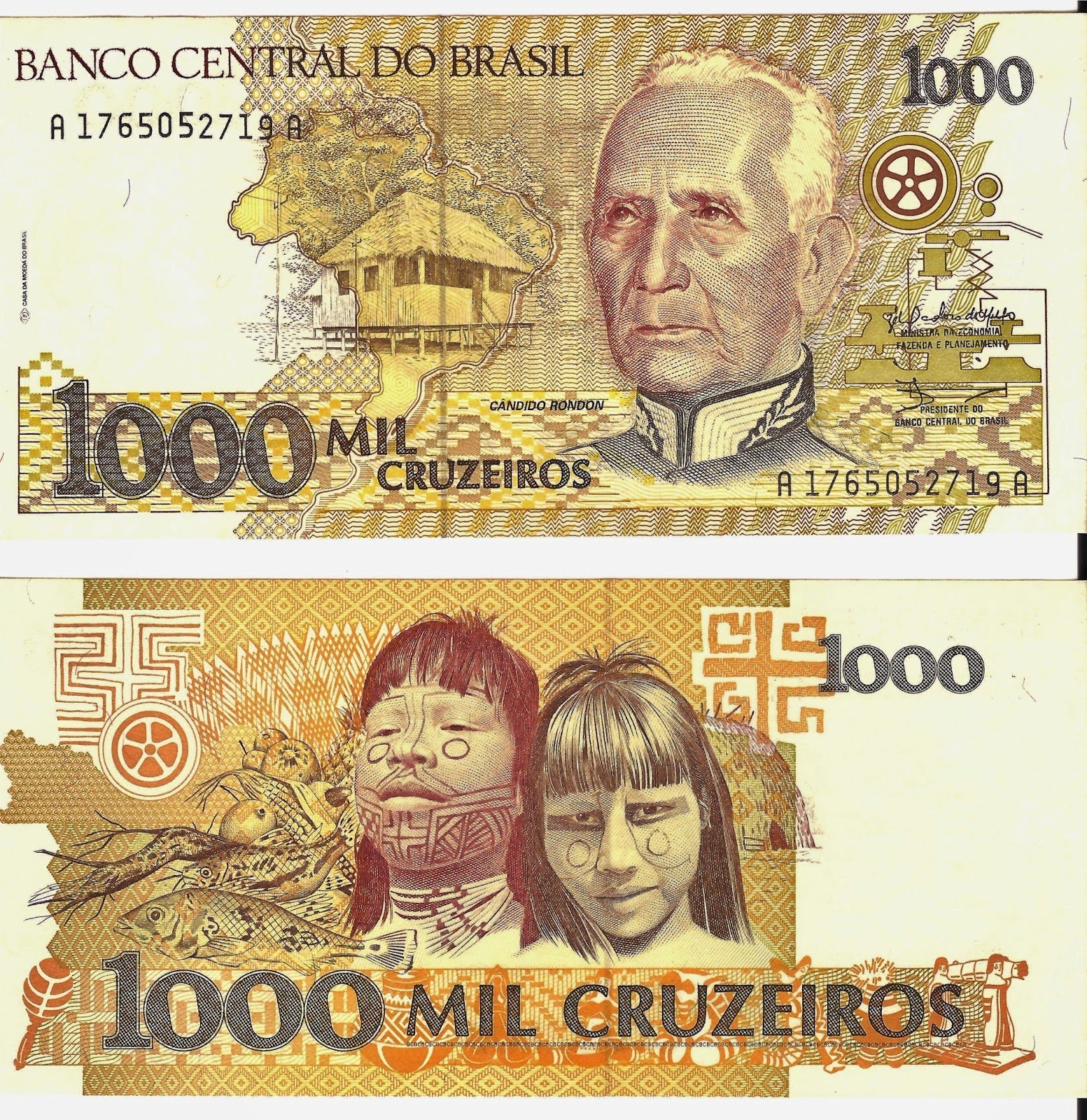 Cédula de mil cruzeiros com a efígie de Rondon, 1990